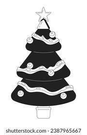 Baubles Christmas tree black and white 2D cartoon object. Spruce new year. Decorations xmas fir isolated vector outline item. Festive celebration adornment monochromatic flat spot illustration