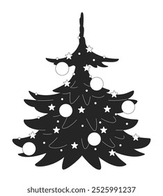 Baubles Christmas tree with stars adornments black and white 2D line object. Conifer fir tree with xmas balls. Christmastree isolated clip art vector outline item. Monochromatic spot illustration