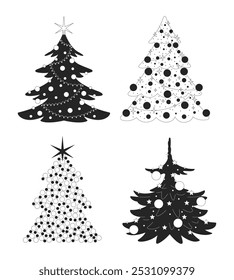 Baubles Christmas trees with stars sparkling black and white 2D line objects set. Evergreen coniferous. Christmastree isolated clip arts vector outline items collection. Monochrome spot illustrations