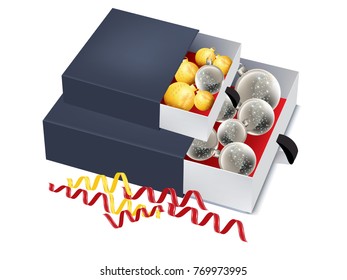 Baubles in dark blue packaging