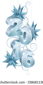 Baubles reading 2016 and blue star shape tree ornament decorations Christmas or New Year design.
