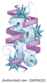 Baubles reading 2016 with a ribbon or banner saying Happy New Year design element with star decorations.
