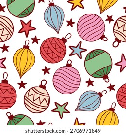 Baubles Seamless Pattern Christmas Decorations on a white background. Beautiful design for fashion, wrapping paper, cards, wallpaper, fabric, background.