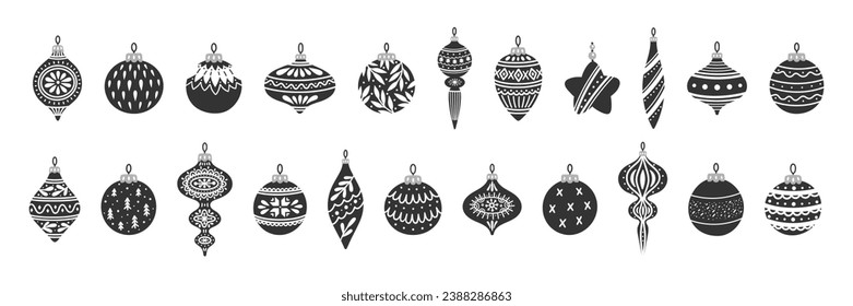 Baubles set for Christmas tree. Vector hand drawn illustration of black balls with doodle ornament on a white background.