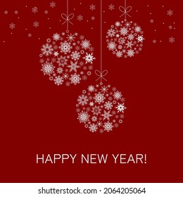 Baubles of white snowflakes on red background, Christmas and New Year greeting card, vector design