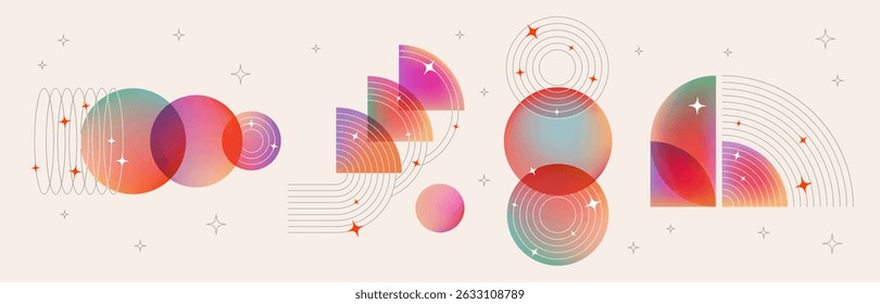 Bauhaus abstract design elements for music poster - colorful gradient semicircles and spheres with lines and stars. Bright modern dynamic geometric graphic shapes, retro vector illustration background