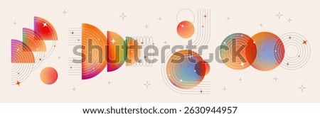 Bauhaus abstract design elements for music poster - colorful gradient semicircles and spheres with lines and stars. Bright modern dynamic geometric graphic shapes, retro vector illustration background