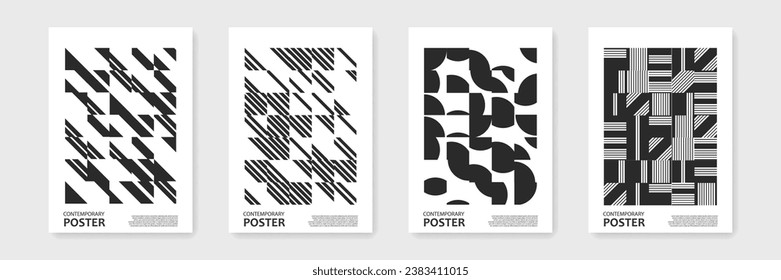 Bauhaus Abstract Pattern Design. Black and White Retro Poster Set. Geometric Background Design. Vector Texture with Line, Triangle, Square. Trendy Cover Set.