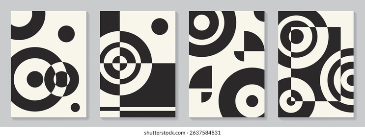 Bauhaus abstract pattern posters set. Artistic monochrome retro illustrations with geometric shapes for interior design. Black and white vector minimal flat style background.