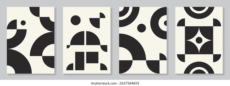Bauhaus abstract pattern posters set. Artistic monochrome retro illustrations with geometric shapes for interior design. Black and white vector minimal flat style background.