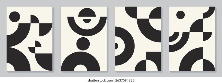 Bauhaus abstract pattern posters set. Artistic monochrome retro illustrations with geometric shapes for interior design. Black and white vector minimal flat style background.