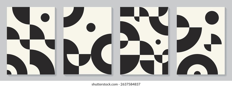 Bauhaus abstract pattern posters set. Artistic monochrome retro illustrations with geometric shapes for interior design. Black and white vector minimal flat style background.