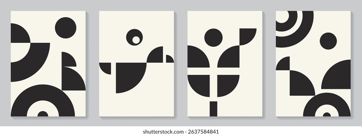 Bauhaus abstract pattern posters set. Artistic monochrome retro illustrations with geometric shapes for interior design. Black and white vector minimal flat style background.