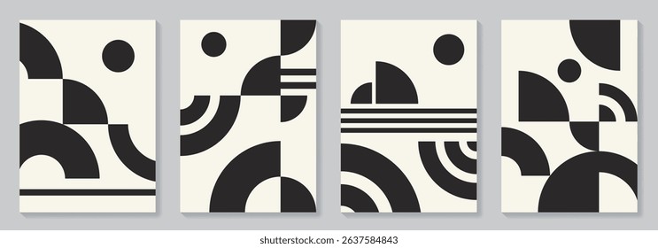 Bauhaus abstract pattern posters set. Artistic monochrome retro illustrations with geometric shapes for interior design. Black and white vector minimal flat style background.