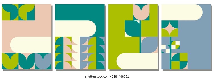 Afiches abstractos de Bauhaus puestos. Fondo de patrón con espacio de tiempo para texto. Plantillas de ley de anuncios para pancartas de invitación a los medios sociales. Flores de grano de trigo mariposa motivos geométricos. Ilustración vectorial.
