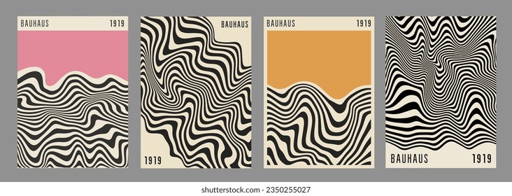 Bauhaus Abstract Wavy Backgrounds. Cool Geometric Posters Vector Design. Optical Illusion Shape Textures.  