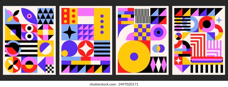 Bauhaus Aesthetics Posters Collection. Vector Design. Mimimal Geometric Placards. Colorful Brochure, Flayer and Banner.