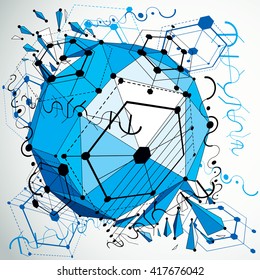 Bauhaus art 3d composition with low poly deformed object, perspective blue modular vector wallpaper made using honeycombs and wires mesh. Graphic backdrop for use as booklet cover template.