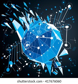 Bauhaus art 3d composition with low poly deformed object, perspective blue modular vector wallpaper made using circles and wires mesh. Graphic backdrop for use as booklet cover template.