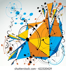 Bauhaus art 3d composition with low poly deformed object, perspective colorful modular vector wallpaper made using circles and wires mesh. Graphic backdrop for use as booklet cover template.