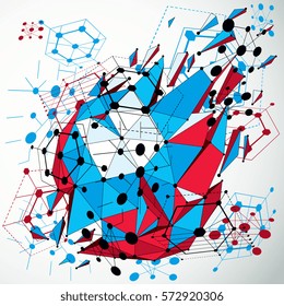 Bauhaus art 3d composition with low poly deformed object, perspective colorful modular vector wallpaper made using hexagons and wires mesh. Graphic backdrop for use as booklet cover template.