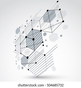 Bauhaus art, 3d modular black and white vector wallpaper made using hexagons and circles. Retro style pattern, perspective graphic backdrop for use as booklet cover template. Engineering system.
