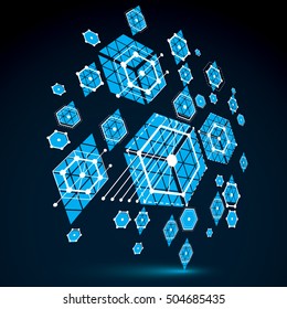Bauhaus art, 3d modular blue vector wallpaper made using hexagons and circles. Retro style pattern, perspective graphic backdrop for use as booklet cover template. Engineering system.