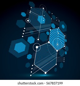 Bauhaus art, 3d modular blue vector wallpaper made using hexagons and circles. Retro style pattern, perspective graphic backdrop for use as booklet cover template. Engineering system.