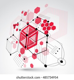 Bauhaus art, 3d modular red vector wallpaper made using hexagons and circles. Retro style pattern, perspective graphic backdrop for use as booklet cover template. Engineering system.