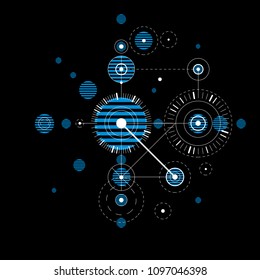 Bauhaus art composition, decorative modular blue vector wallpaper with circles and grid. Retro style pattern, graphic backdrop for use as booklet cover template.