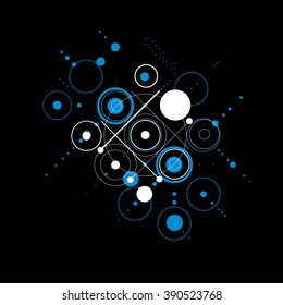 Bauhaus art composition, decorative modular blue and black vector wallpaper with circles and grid. Retro style pattern, graphic backdrop for use as booklet cover template.