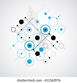 Bauhaus art composition, decorative modular blue vector wallpaper with circles and grid. Retro style pattern, graphic backdrop for use as booklet cover template.
