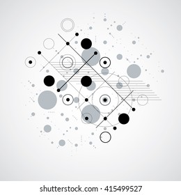 Bauhaus art composition, decorative modular black and white vector wallpaper with circles and grid. Retro style pattern, graphic backdrop for use as booklet cover template.