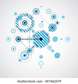 Bauhaus art composition, decorative modular blue vector wallpaper with circles and grid. Retro style pattern, graphic backdrop for use as booklet cover template.