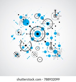 Bauhaus art composition, decorative modular blue vector wallpaper with circles and grid. Retro style pattern, graphic backdrop for use as booklet cover template.