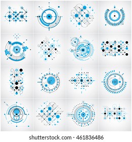 Bauhaus Art Composition. Set Of Blue Modular Vector Wallpapers With Circles And Lines Grid. Retro Style Patterns Collection, Graphic Backdrops For Use As Booklet Cover Templates.