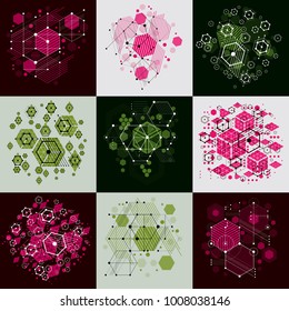 Bauhaus art composition. Set of decorative modular vector wallpapers with circles and hexagons. Retro style patterns collection, graphic backdrops for use as booklet cover templates.