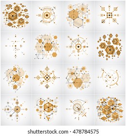Bauhaus art composition. Set of decorative modular vector wallpapers with circles and hexagons. Retro style patterns collection, graphic backdrops for use as booklet cover templates.