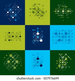 Bauhaus art composition. Set of decorative modular vector wallpapers with circles and grid. Retro style patterns collection, graphic backdrops for use as booklet cover templates.