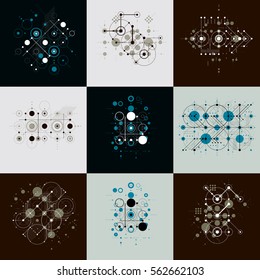 Bauhaus art composition. Set of decorative modular vector wallpapers with circles and grid. Retro style patterns collection, graphic backdrops for use as booklet cover templates.