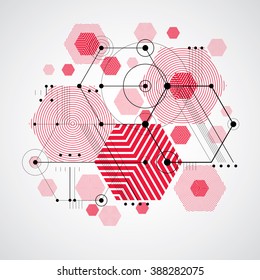 Bauhaus art, decorative modular vector wallpaper made using striped hexagons and circles. Retro style pattern, graphic backdrop for use as booklet cover template. Illustration of engineering system.