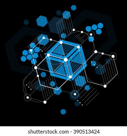 Bauhaus art, decorative modular vector blue wallpaper made using hexagons and circles. Retro style pattern, graphic backdrop for use as booklet cover template. Illustration of engineering system.