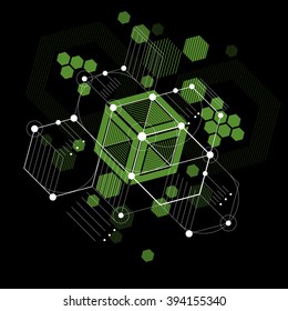 Bauhaus art, decorative modular vector wallpaper made using striped hexagons and circles. Retro style pattern, graphic backdrop for use as booklet cover template. Illustration of engineering system.