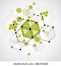 Bauhaus art, decorative modular vector wallpaper made using striped hexagons and circles. Retro style pattern, graphic backdrop for use as booklet cover template. Illustration of engineering system.