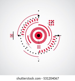 Arte Bauhaus, decorativo, vectorial de papel pintado rojo hecho con círculos y líneas. Patrón de estilo retro, fondo gráfico para usar como plantilla de portada de folleto. Ilustración del sistema de ingeniería.