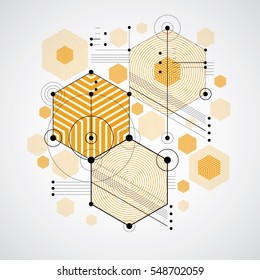 Bauhaus art, decorative modular vector wallpaper made using striped hexagons and circles. Retro style pattern, graphic backdrop for use as booklet cover template. Illustration of engineering system.