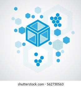 Bauhaus art, decorative modular vector wallpaper made using striped hexagons and circles. Retro style pattern, graphic backdrop for use as booklet cover template. Illustration of engineering system.