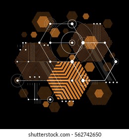 Bauhaus art, decorative modular vector wallpaper made using striped hexagons and circles. Retro style pattern, graphic backdrop for use as booklet cover template. Illustration of engineering system.