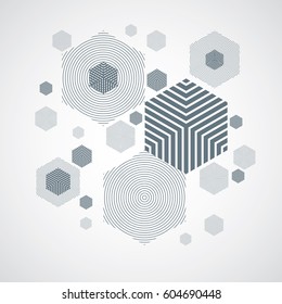 Bauhaus art, decorative modular vector wallpaper made using striped hexagons and circles. Retro style pattern, graphic backdrop for use as booklet cover template. Illustration of engineering system.