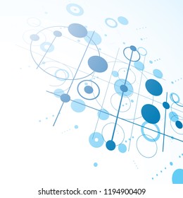Bauhaus art dimensional composition, perspective blue modular vector wallpaper with circles and grid. Retro style pattern, graphic backdrop for use as booklet cover template.